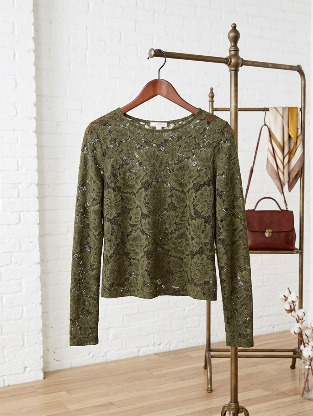 Good Luck Gem Olive Green Floral Lace Long-Sleeve Top